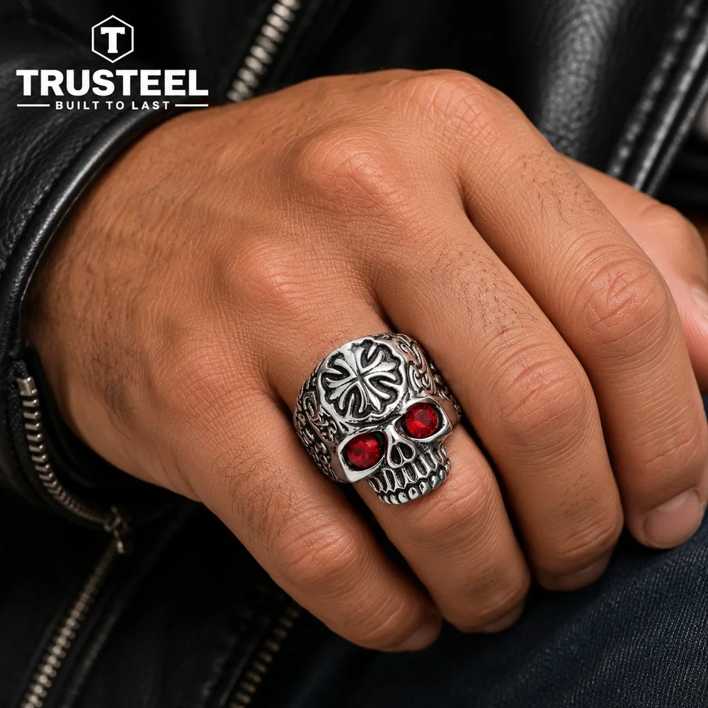 Gothic Skull Ring Red CZ Eyes Stainless Steel Men’s Biker Punk Gothic Size 11